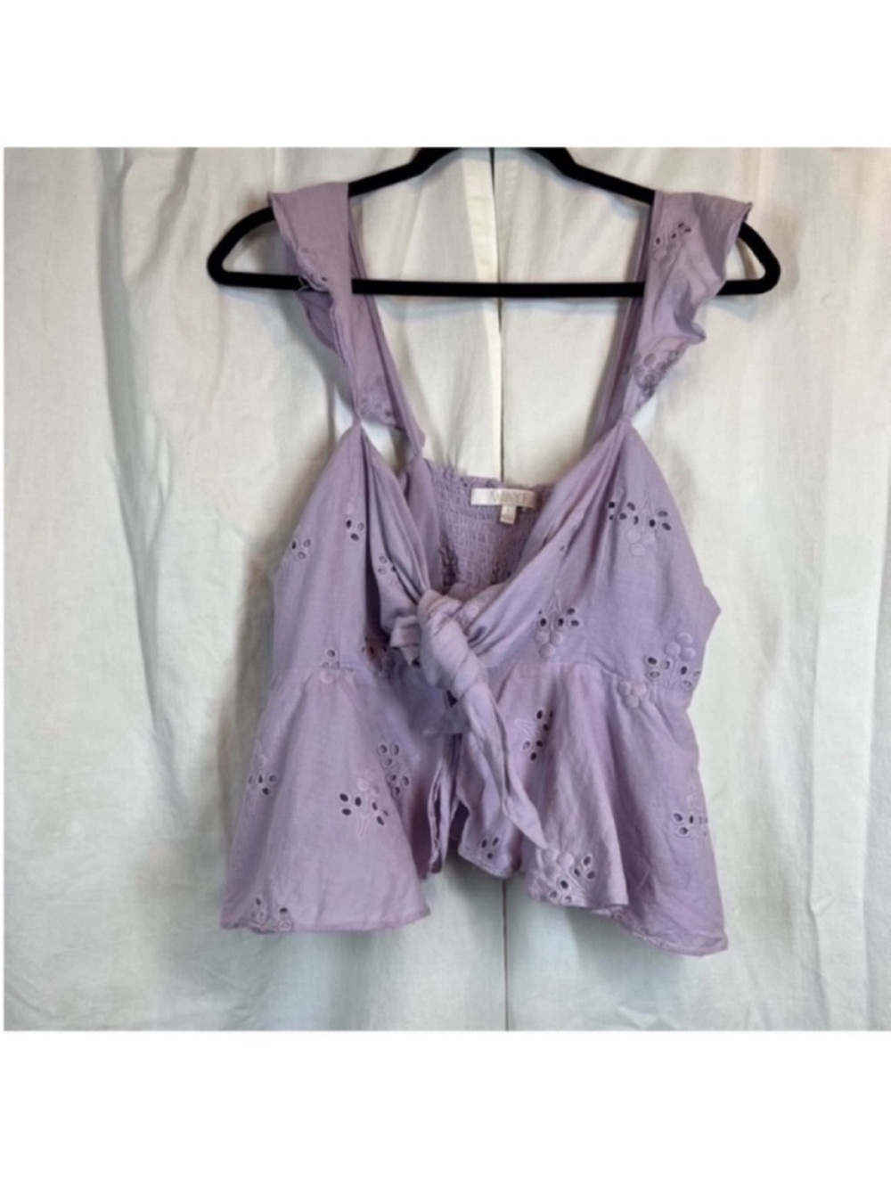 Wayf floral eyelet front tie crop peplum blouse lilac feminine